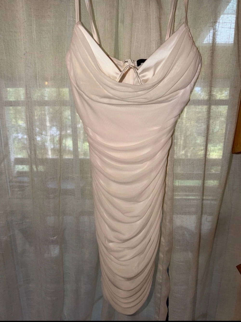 Ruched Cream Midi Slip Dress with Cowl Neck and Spaghetti Straps